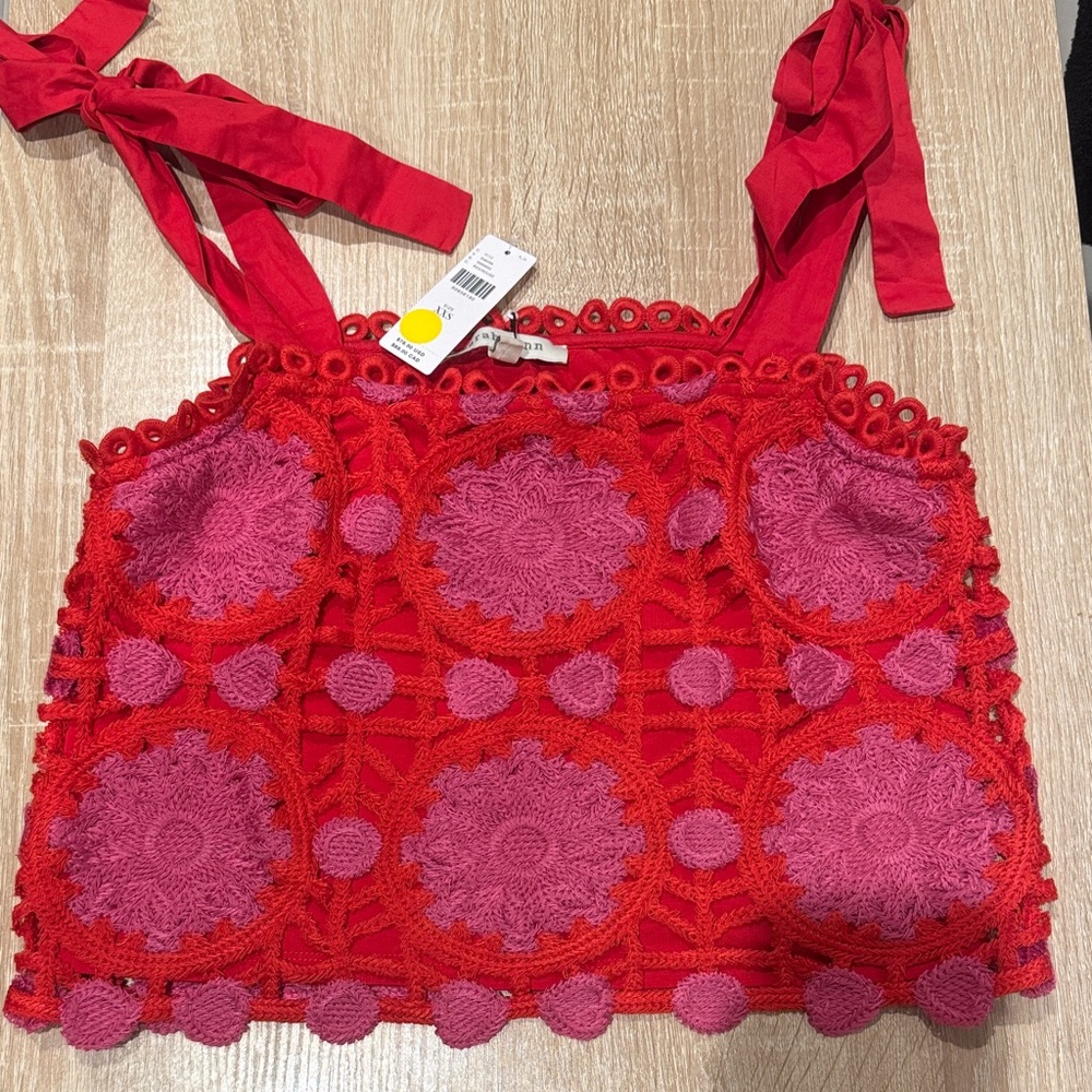 Anthropology Red and Pink Crochet Women Top